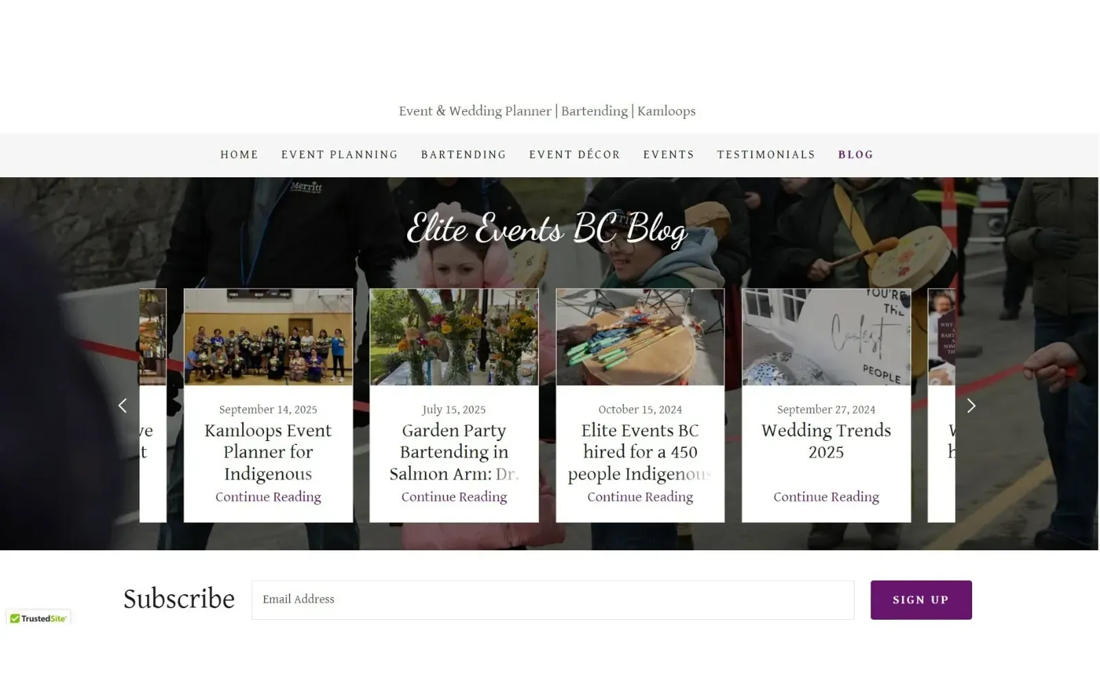 Blog preview section on a small business website, with video thumbnail cards for weddings, corporate events, and décor