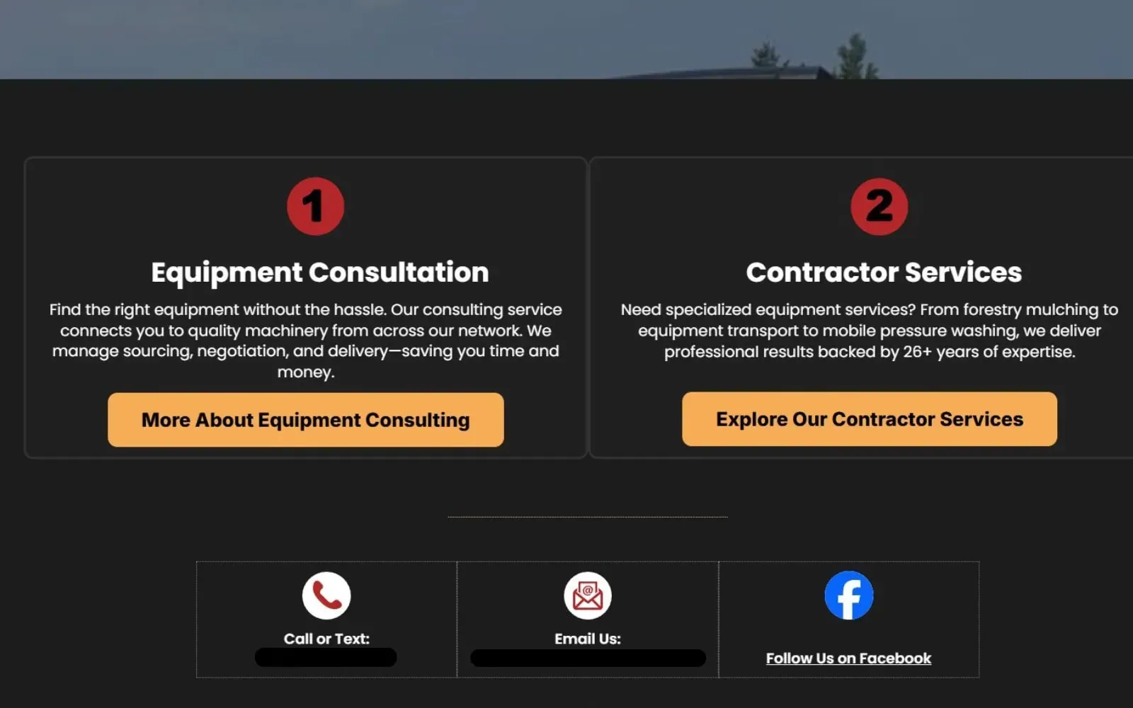 Two-column services section on a small business website, with phone, email, and social contact icons