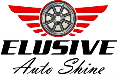 Logo for Elusive Auto Shine: Red wings behind a wheel graphic, text