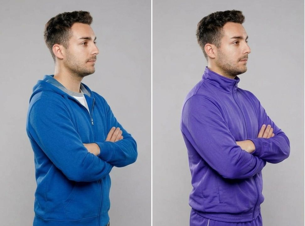 Vistas de perfil lado a lado de un hombre con una sudadera azul y otra morada, con los brazos cruzados sobre un fondo gris