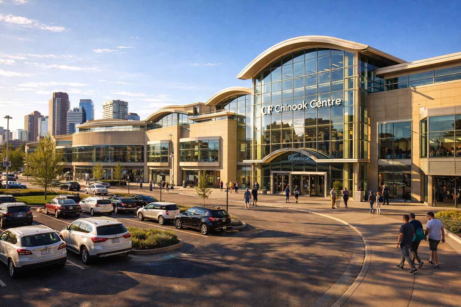 Exterior view of the Chinook Centre shopping mall with parked cars, a curved glass facade, and a city skyline in the back.