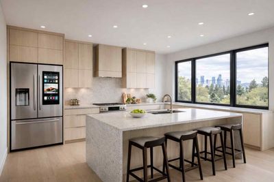 A bright kitchen with white cabinets, a large central island with bar stools, and a dining area with sunflower bouquet.