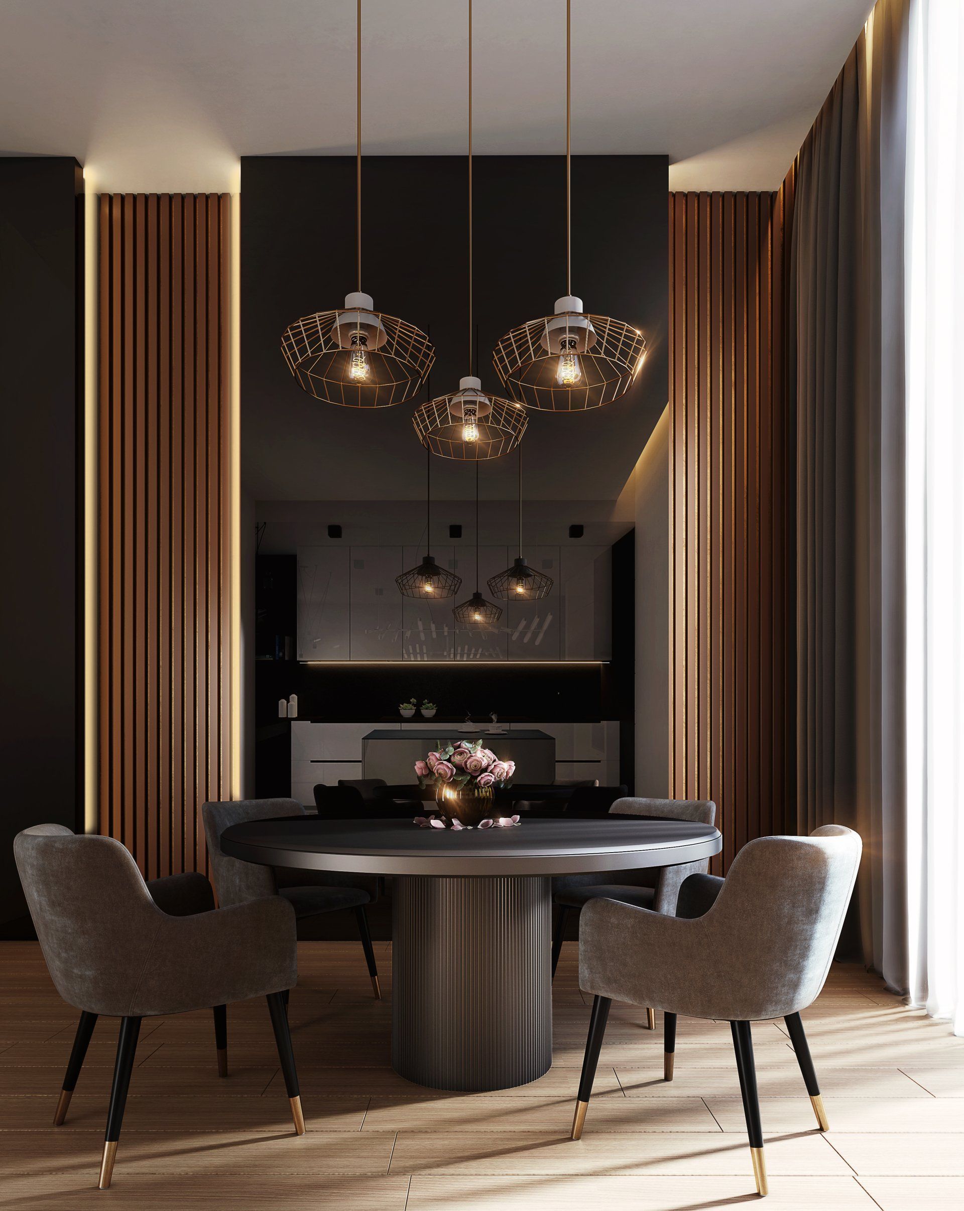 Elegant dining room with dark walls, pendant lights, round table, and plush chairs