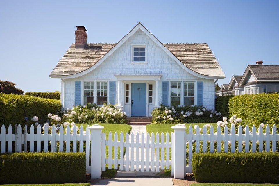 White cottage with blue door and picket fence, surrounded by neatly trimmed hedges under a clear sky