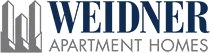 Weidner Apartment Homes logo with gray building silhouettes and dark blue text.