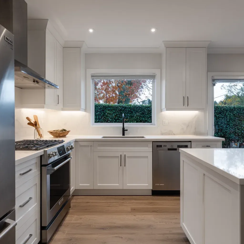 Open-concept kitchen remodeling Vancouver BC with layout expansion, structural beam installation, and quartz countertop integration.
Vancouver kitchen renovation transformation featuring cabinet refacing, granite island construction, and backsplash tile replacement.
Contemporary Vancouver kitchen remodel including quartz countertop upgrade, recessed lighting installation, and integrated cabinetry storage solutions.
Professional kitchen remodeling Vancouver BC with marble slab surfaces, tile flooring installation, and full-service renovation execution.