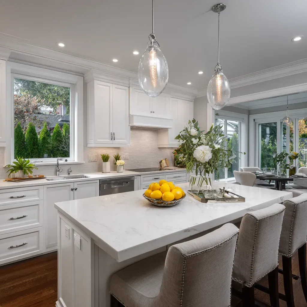 Residential Vancouver kitchen remodel displaying marble surfaces, cabinet refacing, and LED lighting integration.
High-end kitchen remodeling Vancouver BC featuring quartz slab installation, custom cabinetry millwork, and open-plan kitchen design.
Vancouver BC kitchen renovation showcasing granite island seating, backsplash tile installation, and hardwood flooring refinishing.
Modern kitchen remodeling Vancouver including marble countertop upgrade, pantry cabinet construction, and professional renovation services.
Professional Vancouver kitchen renovation featuring quartz countertops, integrated appliance systems, and custom island design.