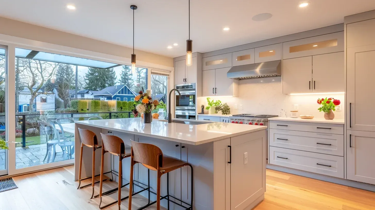 Modern Vancouver kitchen remodeling project with quartz island seating, hardwood flooring installation, and lighting system modernization.
Vancouver BC kitchen renovation services including shaker cabinet replacement, backsplash installation, and granite countertop upgrade.
High-end kitchen renovation Vancouver featuring marble waterfall island, custom millwork cabinetry, and premium appliance installation.
Full kitchen remodeling Vancouver BC including demolition, structural framing, quartz slab countertops, and hardwood flooring replacement.
Vancouver kitchen renovation displaying granite island extension, porcelain tile flooring installation, and modern cabinetry hardware upgrades.