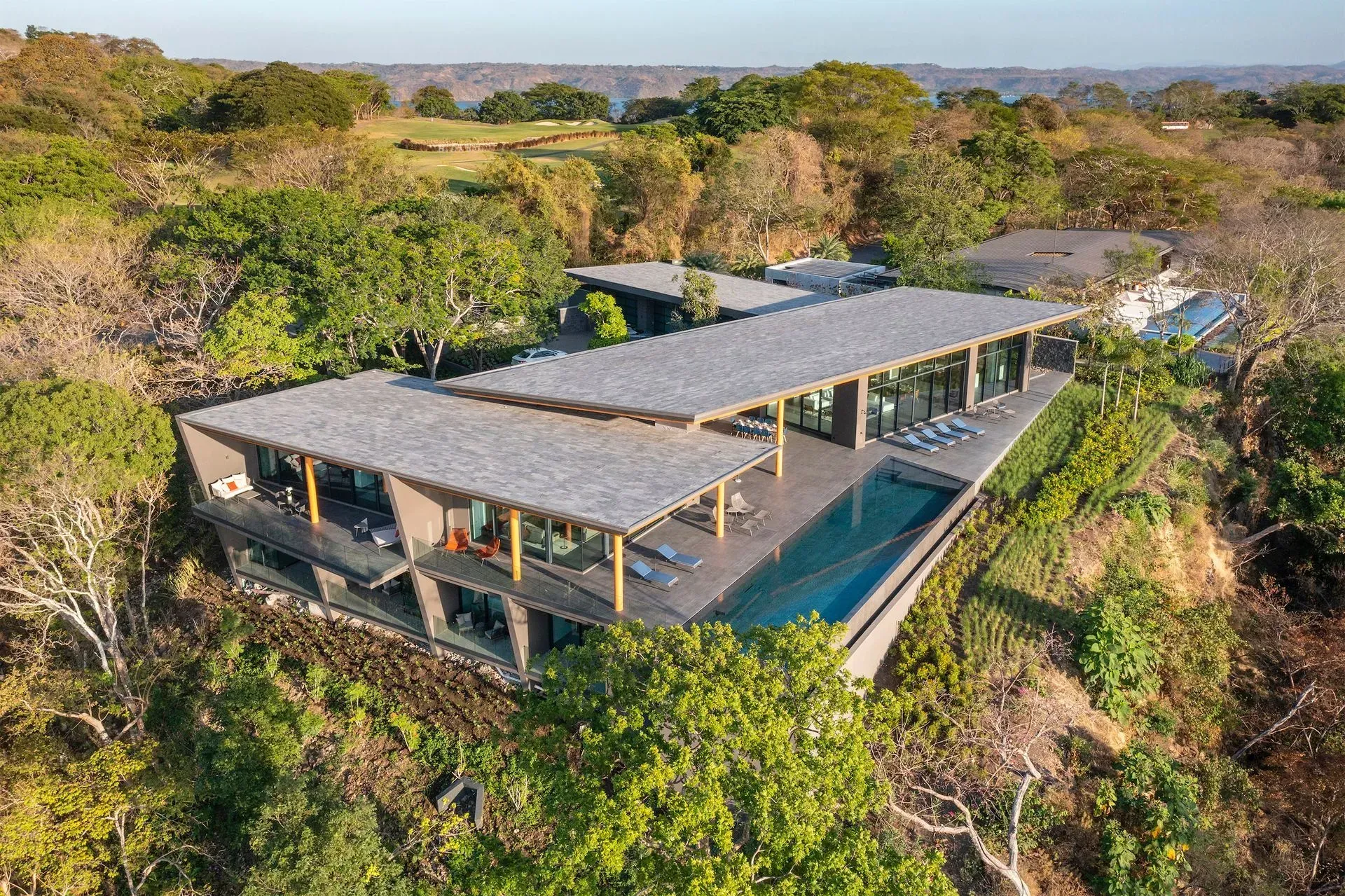 Modern villa with long rooftop, open terrace, and pool surrounded by dense green trees.