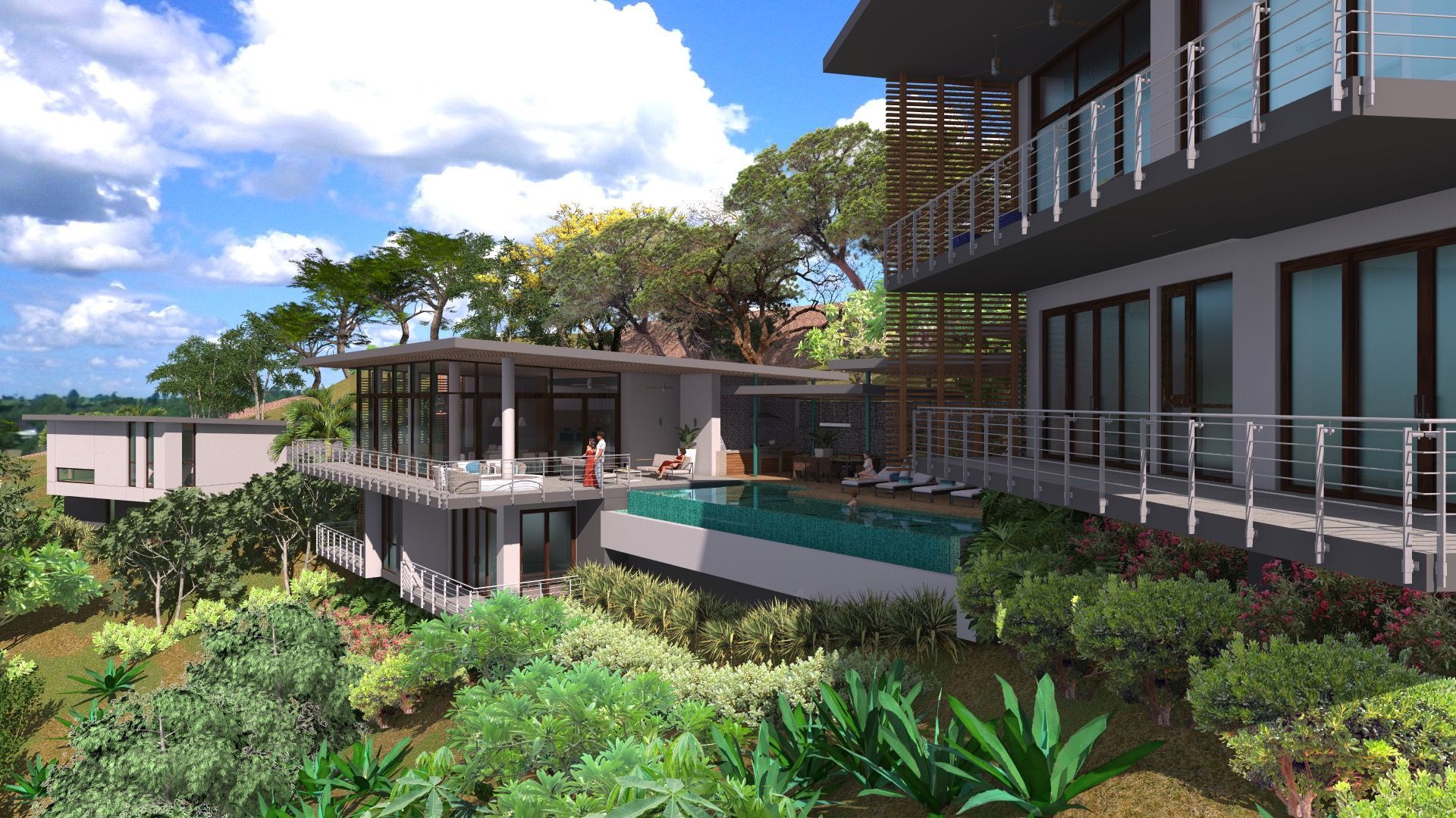 general view of rooms of a big house with a view of the nature