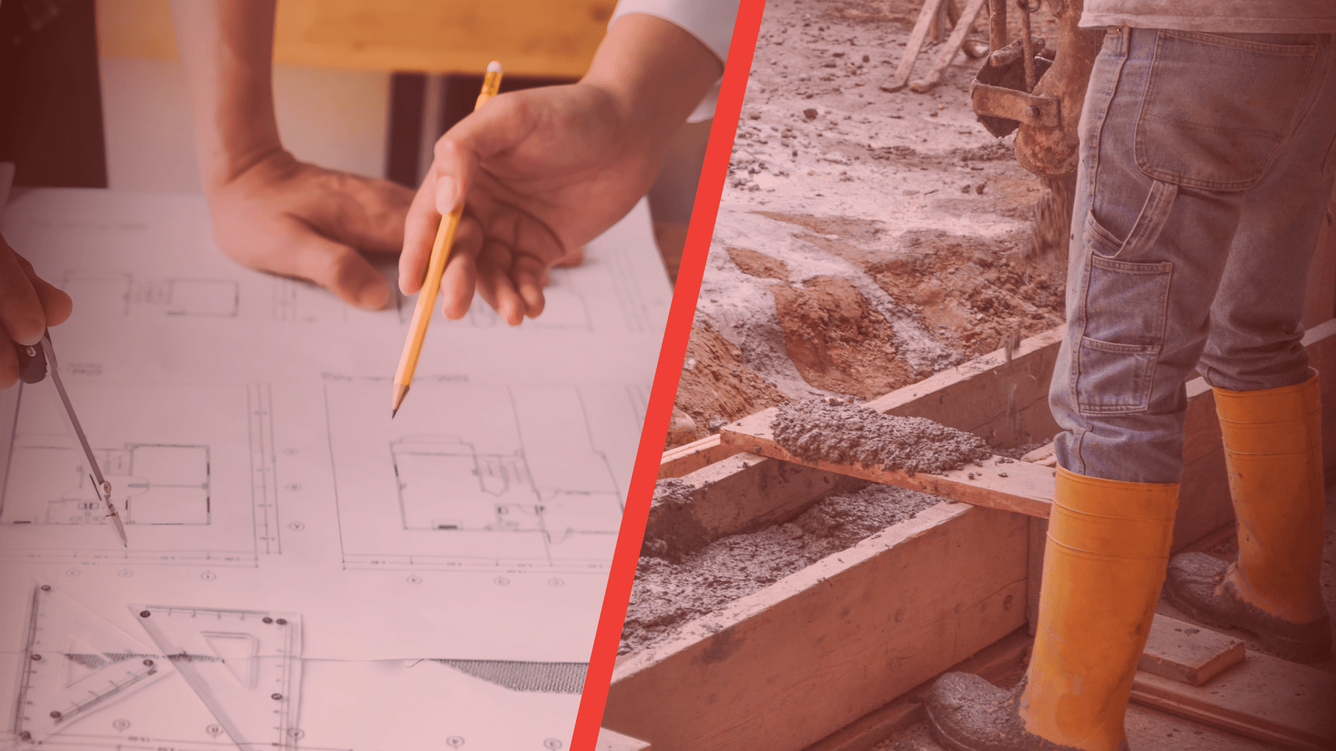 a man is drawing a blueprint and a construction worker is pouring concrete .