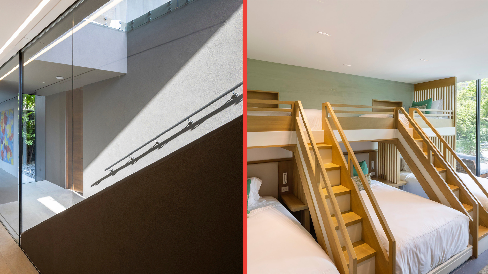 two pictures of a bedroom with bunk beds and stairs