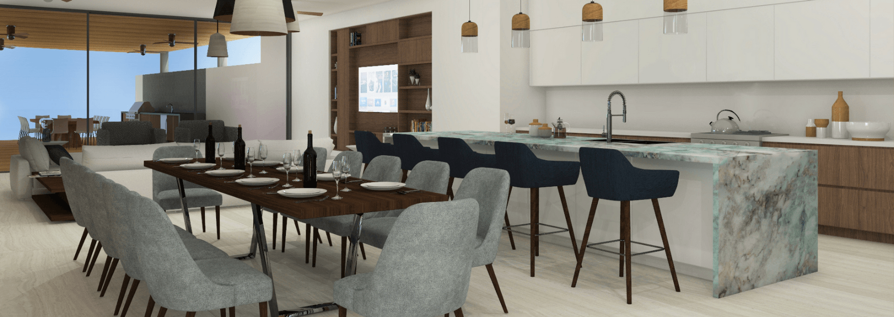 a dining room with a long table and chairs and a kitchen .