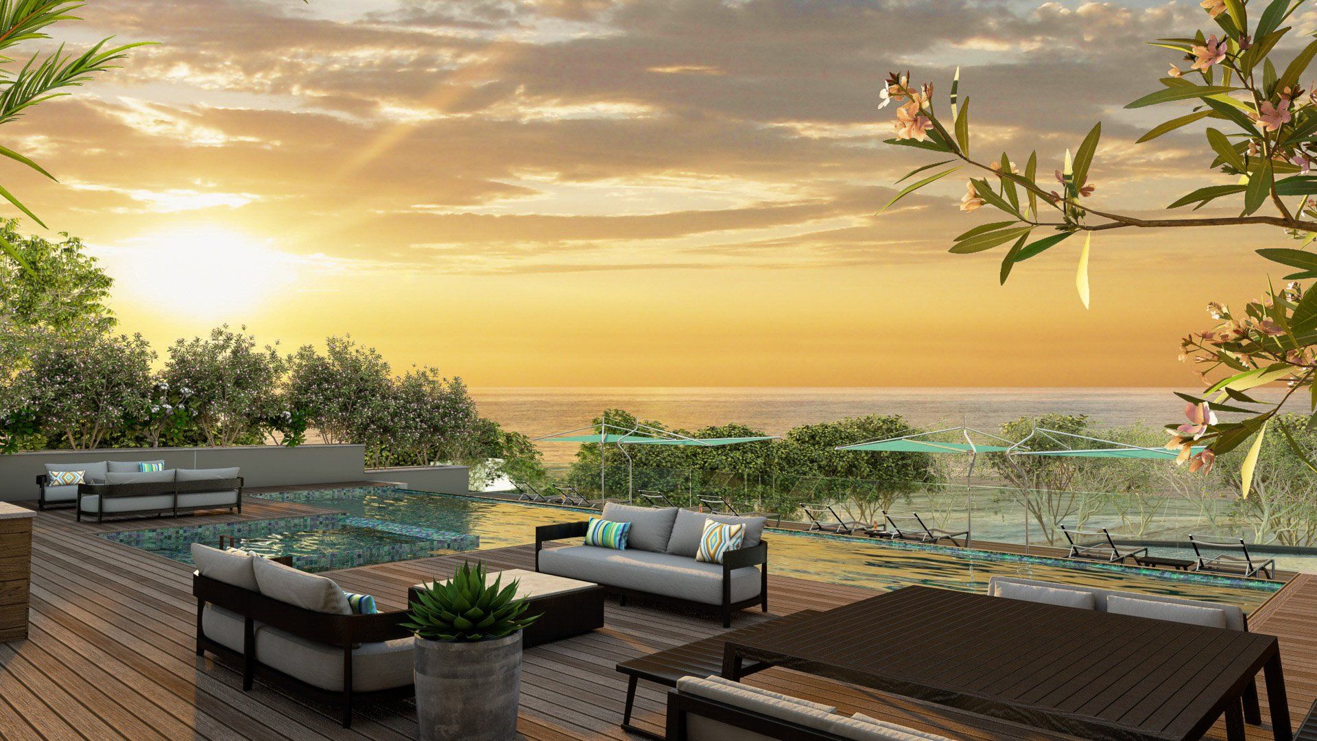 an artist 's impression of a patio with a view of the ocean at sunset .