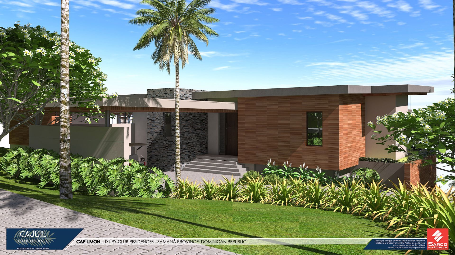 a rendering of a house with a palm tree in front of it .