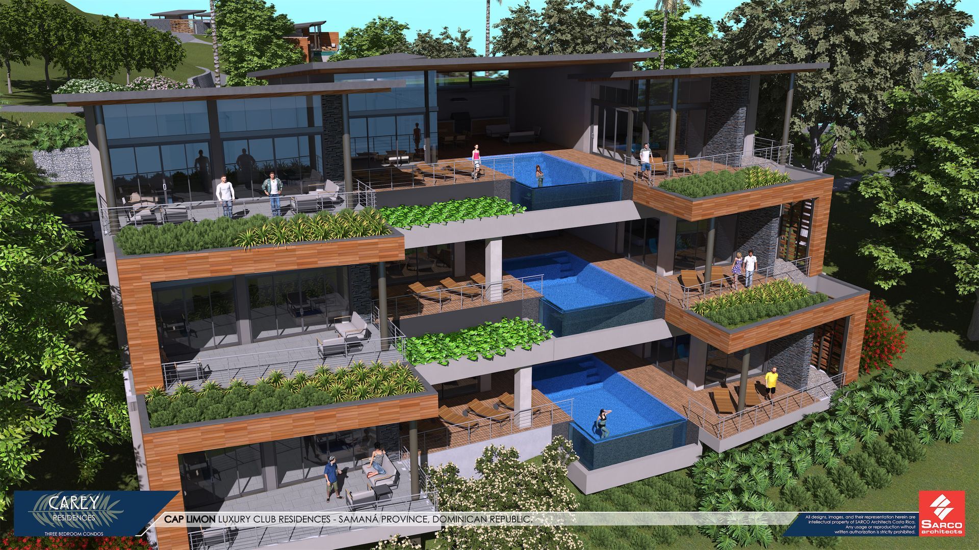 an aerial view of a building with a swimming pool