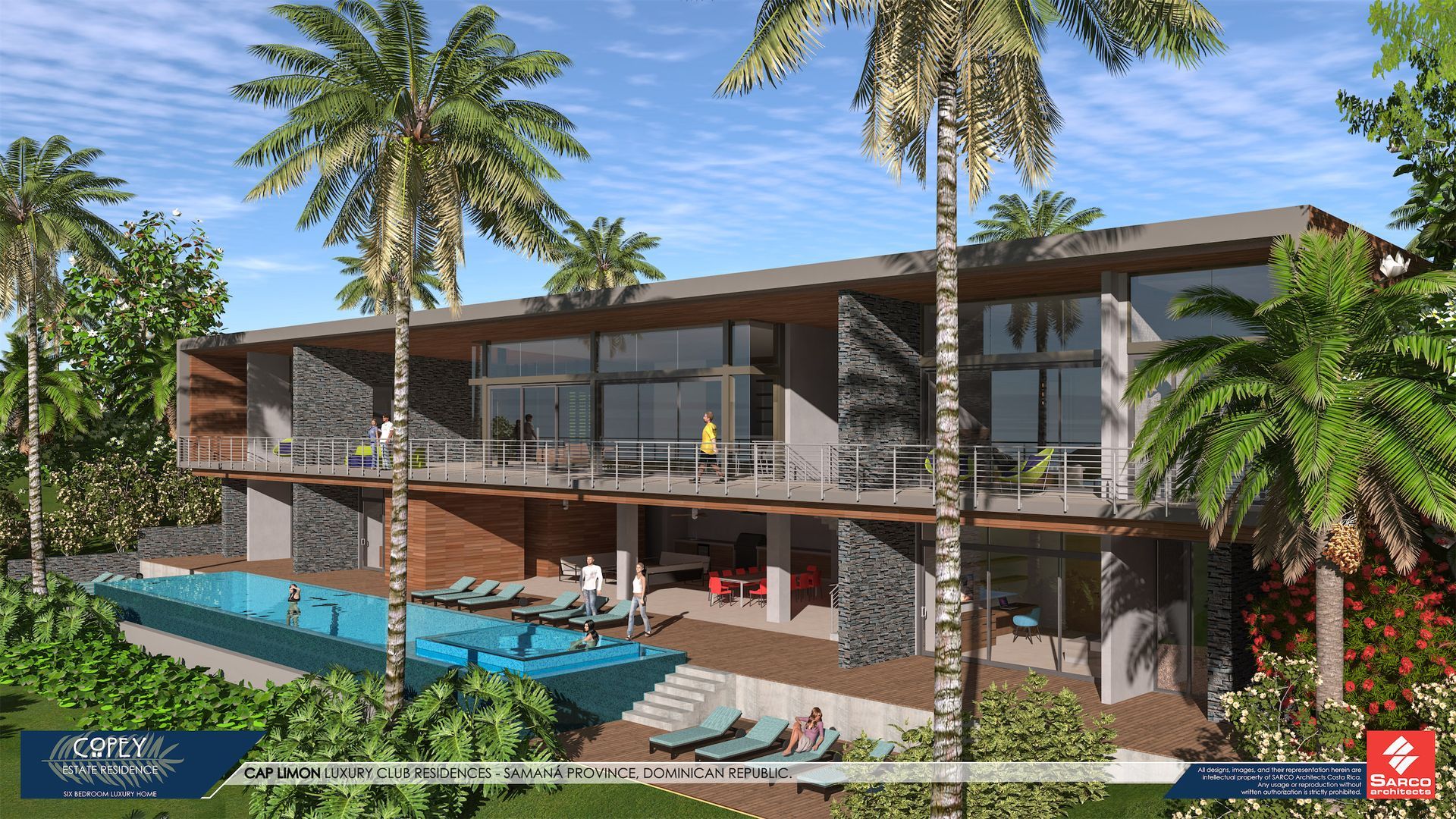 an artist 's impression of a large house with a swimming pool surrounded by palm trees .