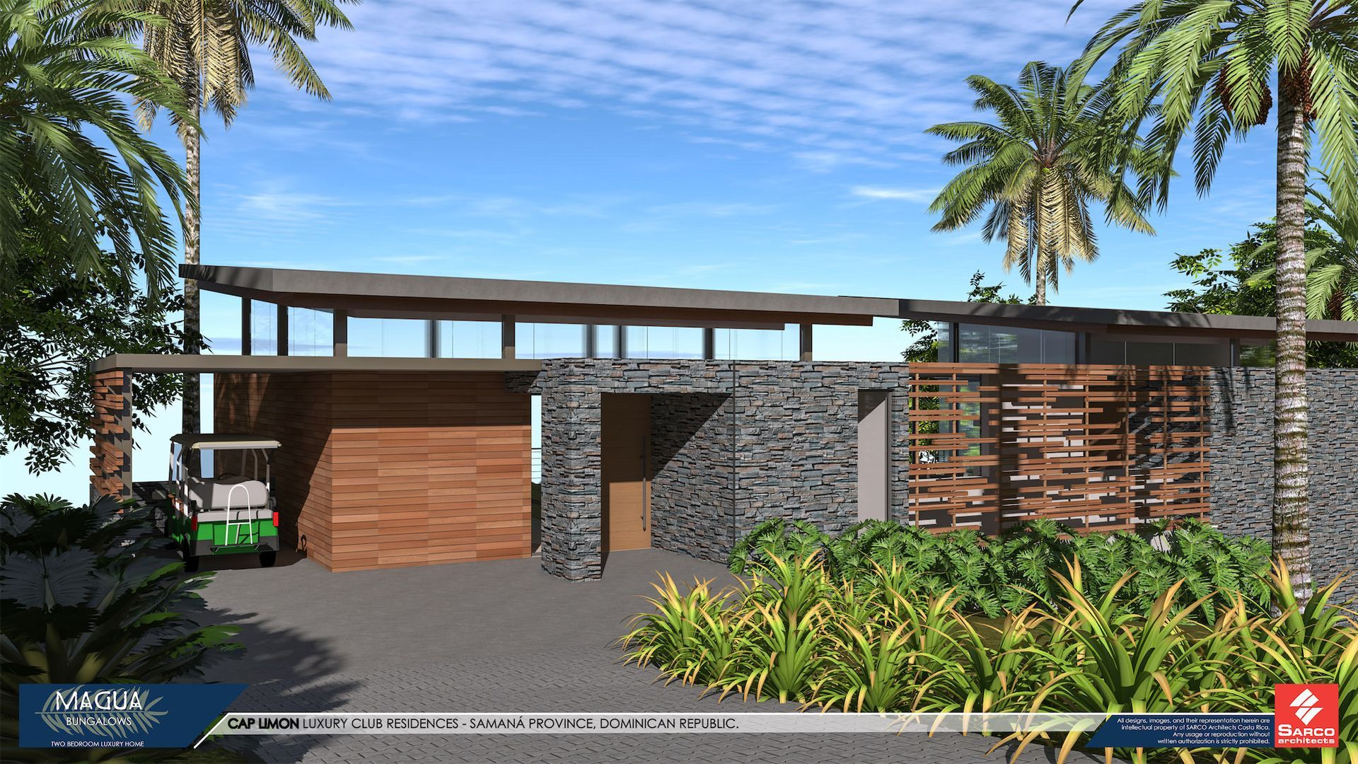 an artist 's impression of a house with palm trees in the background