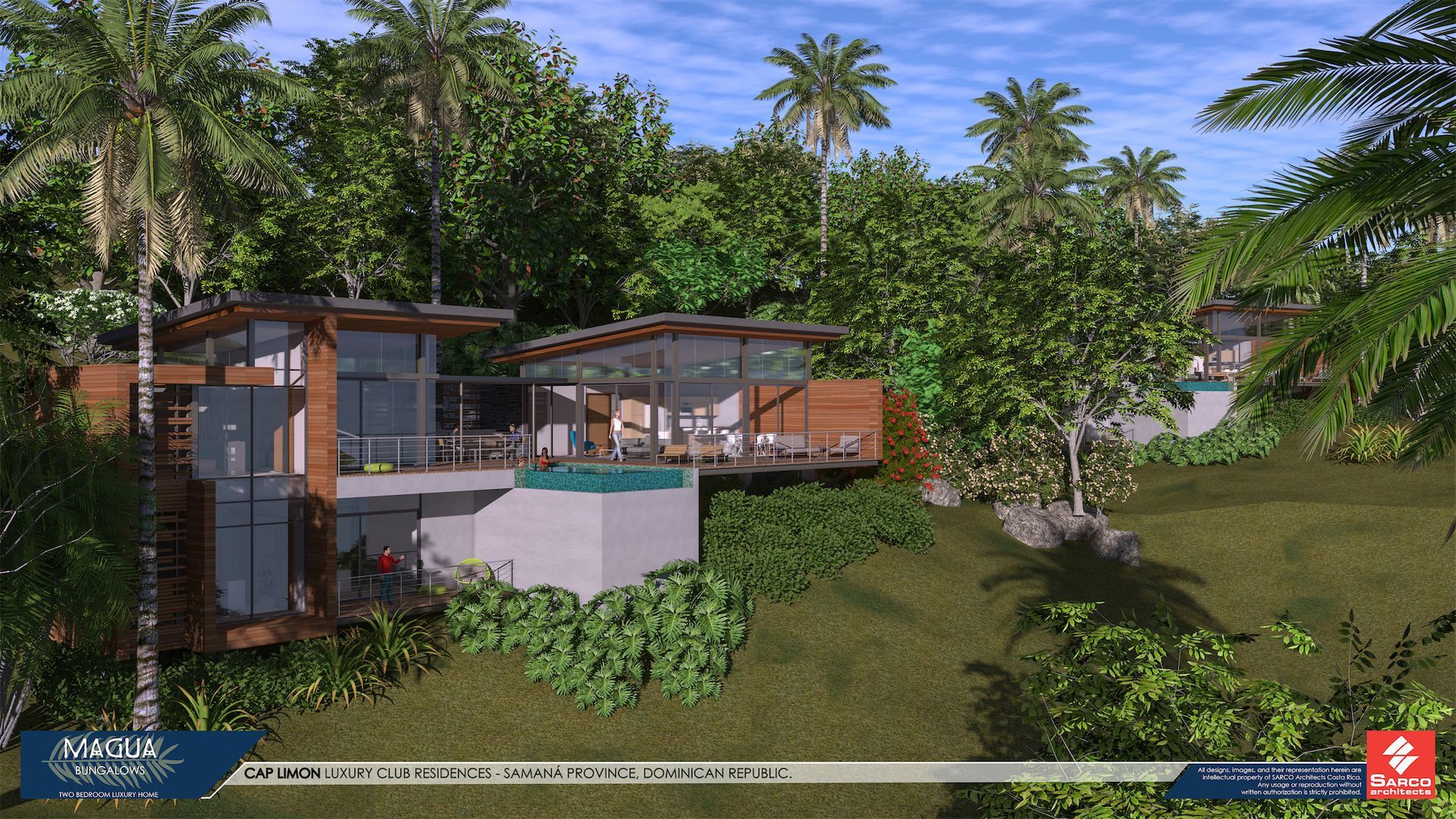 an artist 's impression of a house surrounded by palm trees