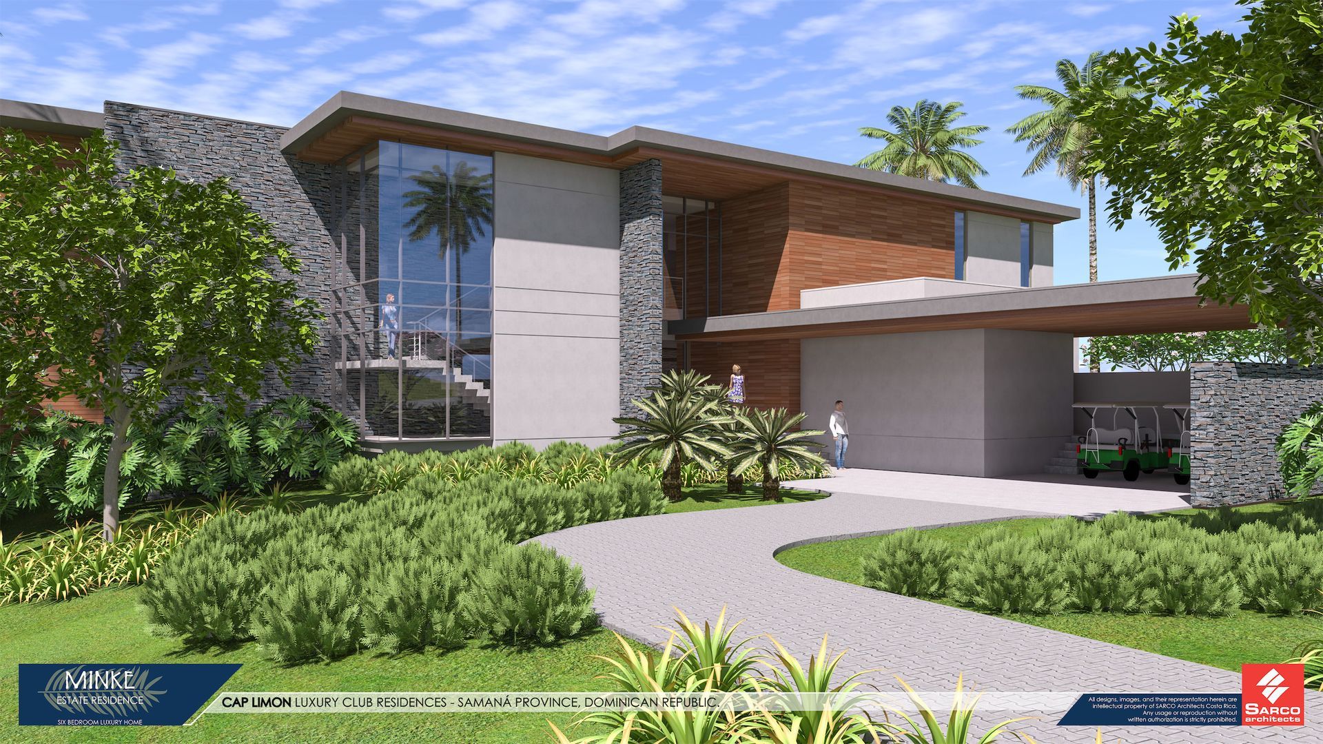 an artist 's impression of a modern house with a golf cart parked in front of it .