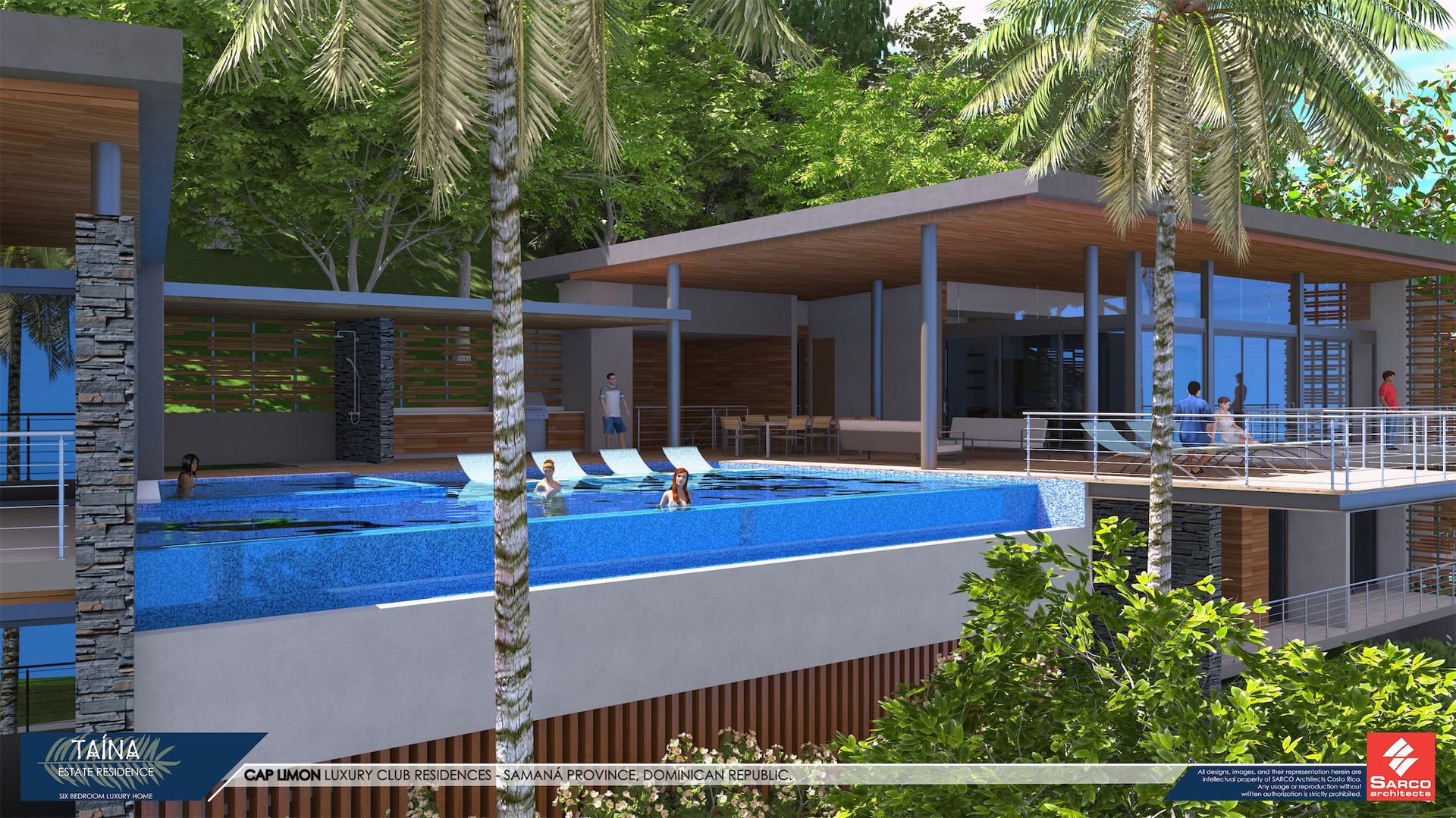 an artist 's impression of a house with a large swimming pool surrounded by palm trees .