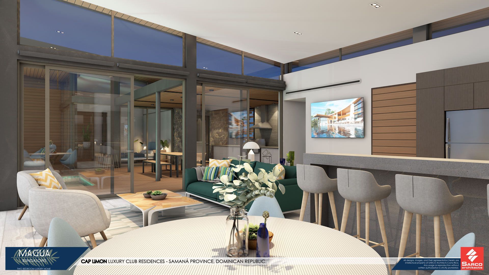 an artist 's impression of a living room and kitchen in a house .