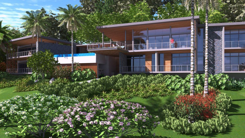 a large house with a lot of windows is surrounded by trees and flowers .