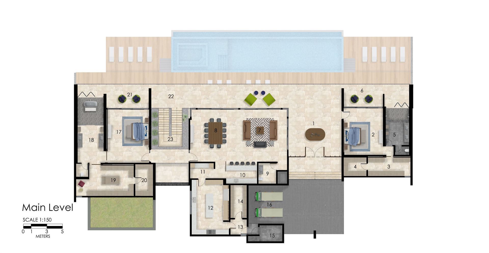 a floor plan of a house with a swimming pool