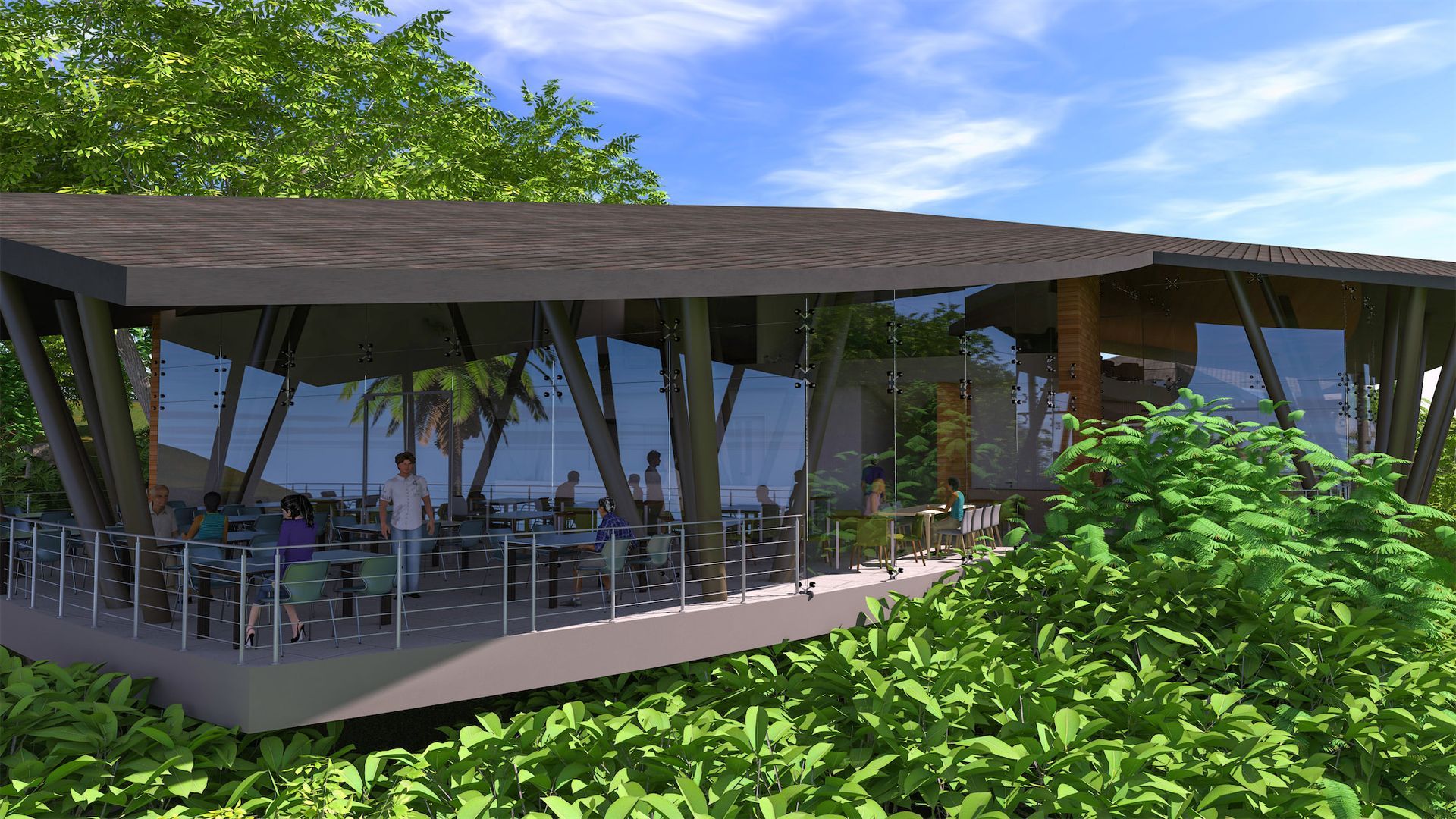 an artist 's impression of a restaurant with tables and chairs surrounded by trees .