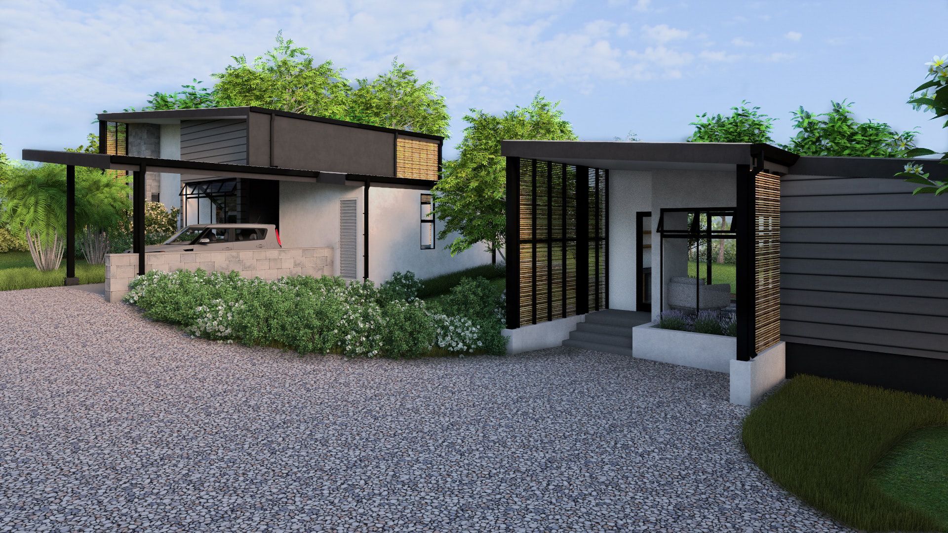 an artist 's impression of a modern house with a gravel driveway leading to it .