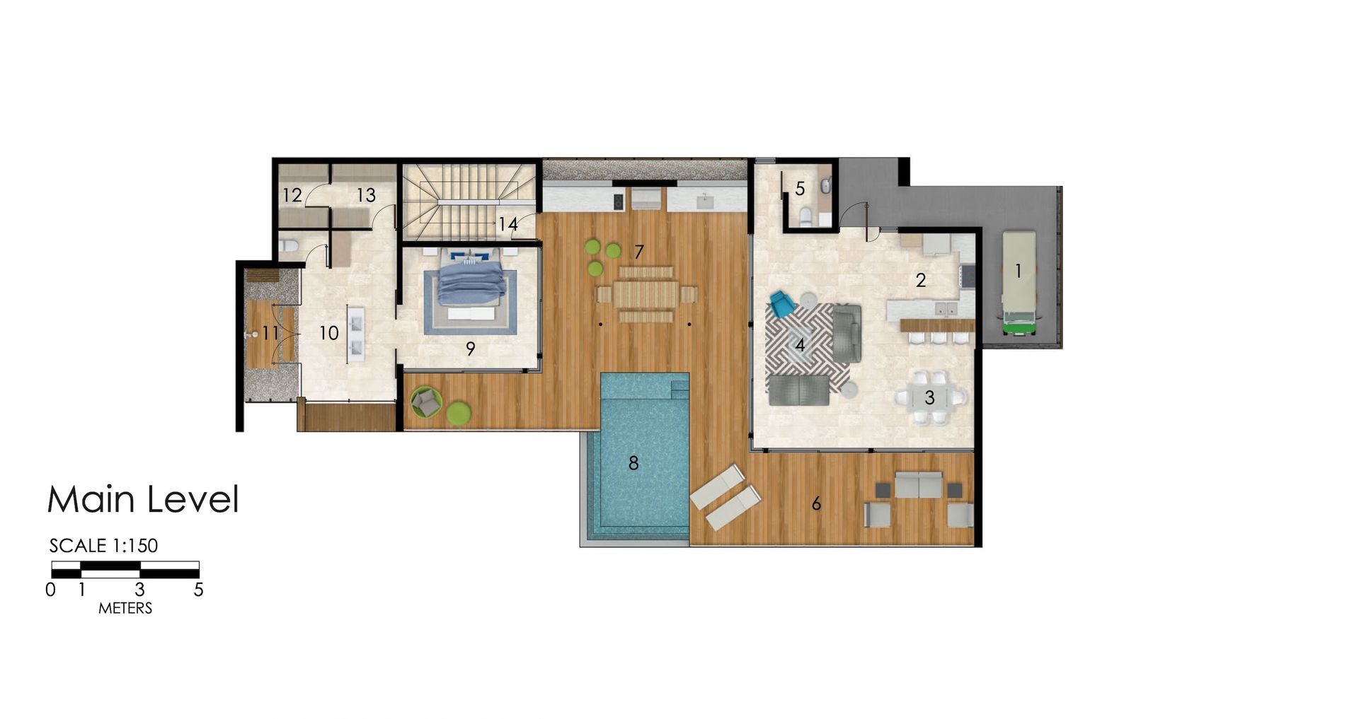 a floor plan of a house with a swimming pool .