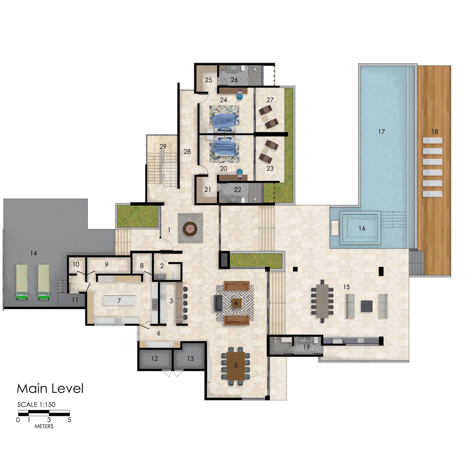 a floor plan of a house with a swimming pool