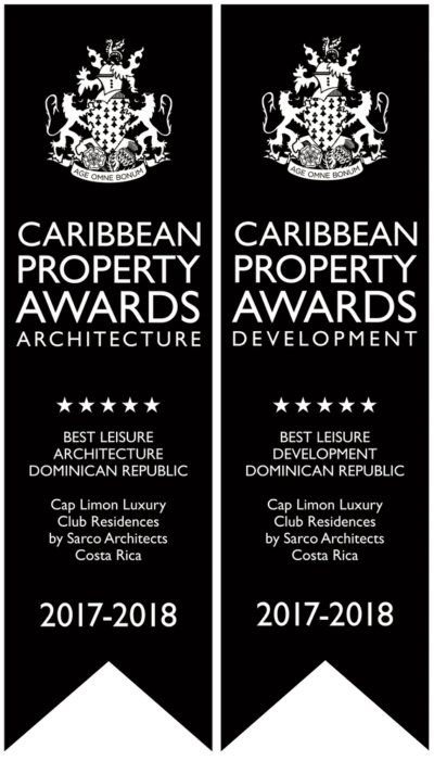 a couple of banners that say caribbean property awards architecture development .