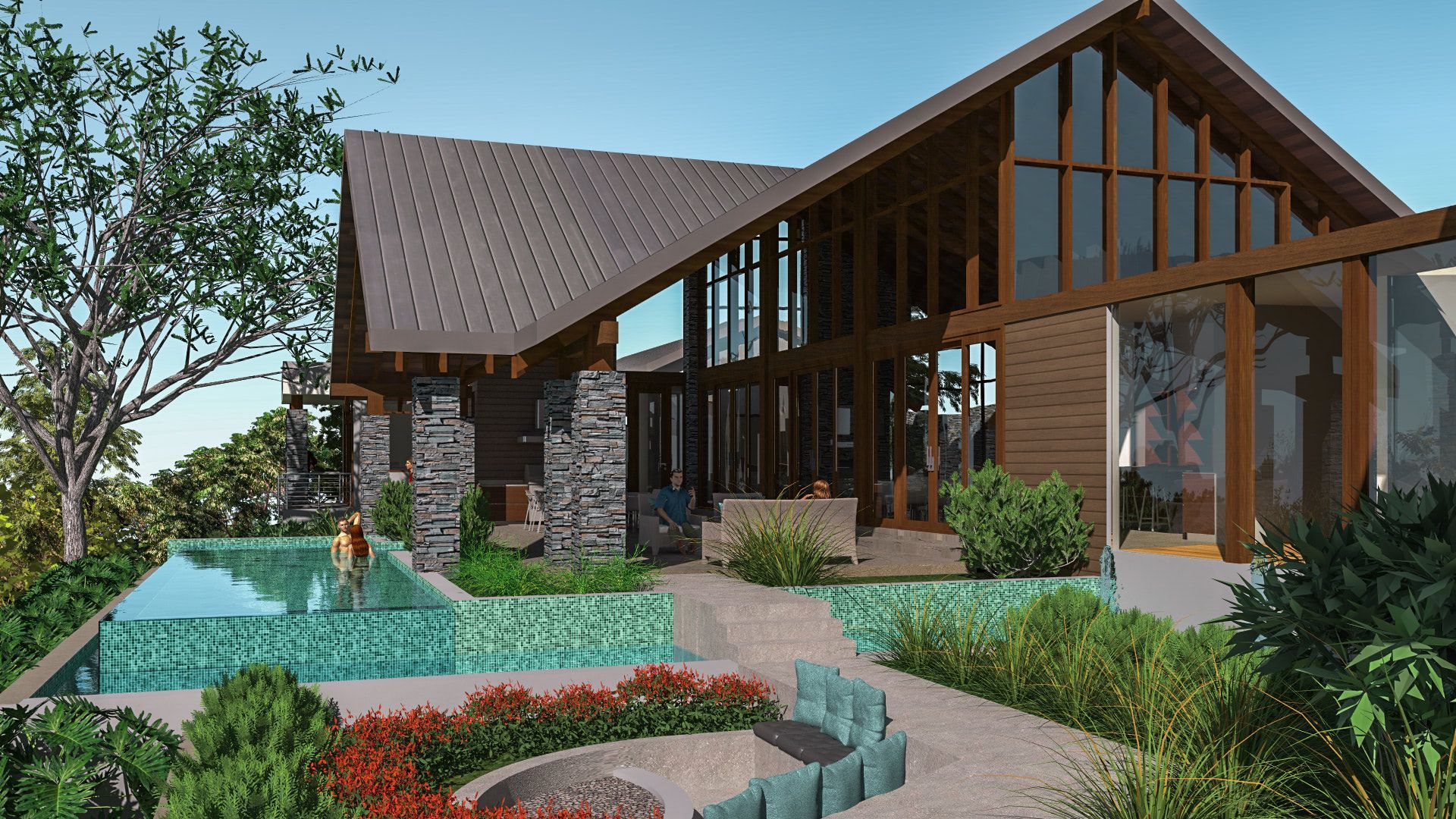 an artist 's impression of a house with a swimming pool and a fire pit .
