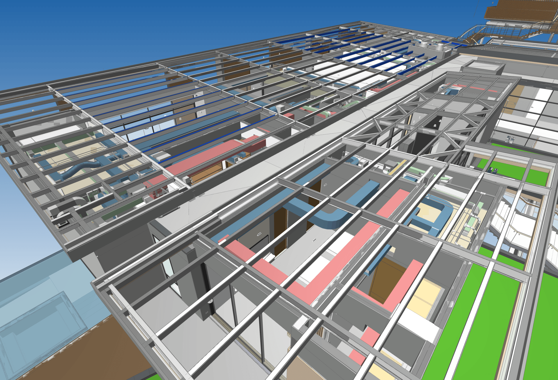 an aerial view of a large building with lots of windows