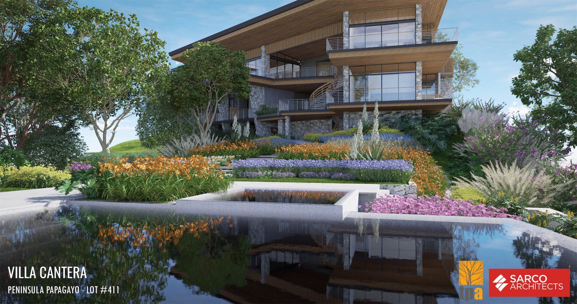 an artist 's impression of a house surrounded by flowers and trees
