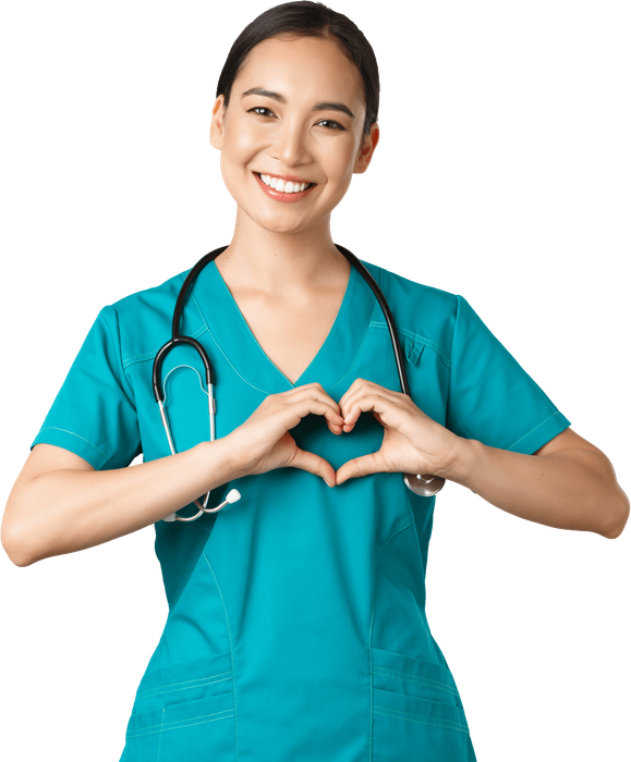 A nurse is making a heart shape with her hands.