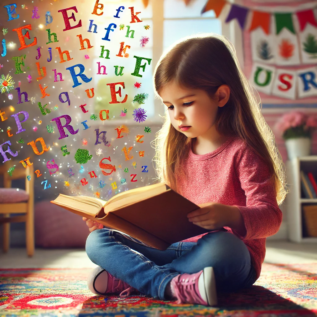 A child sitting on the floor reading a book with letters pouring out of it and surrounding her.