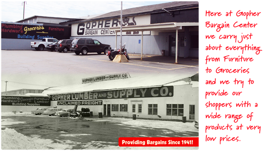 Collage of a building and storefront with red handwritten notes and a red caption bar on the right