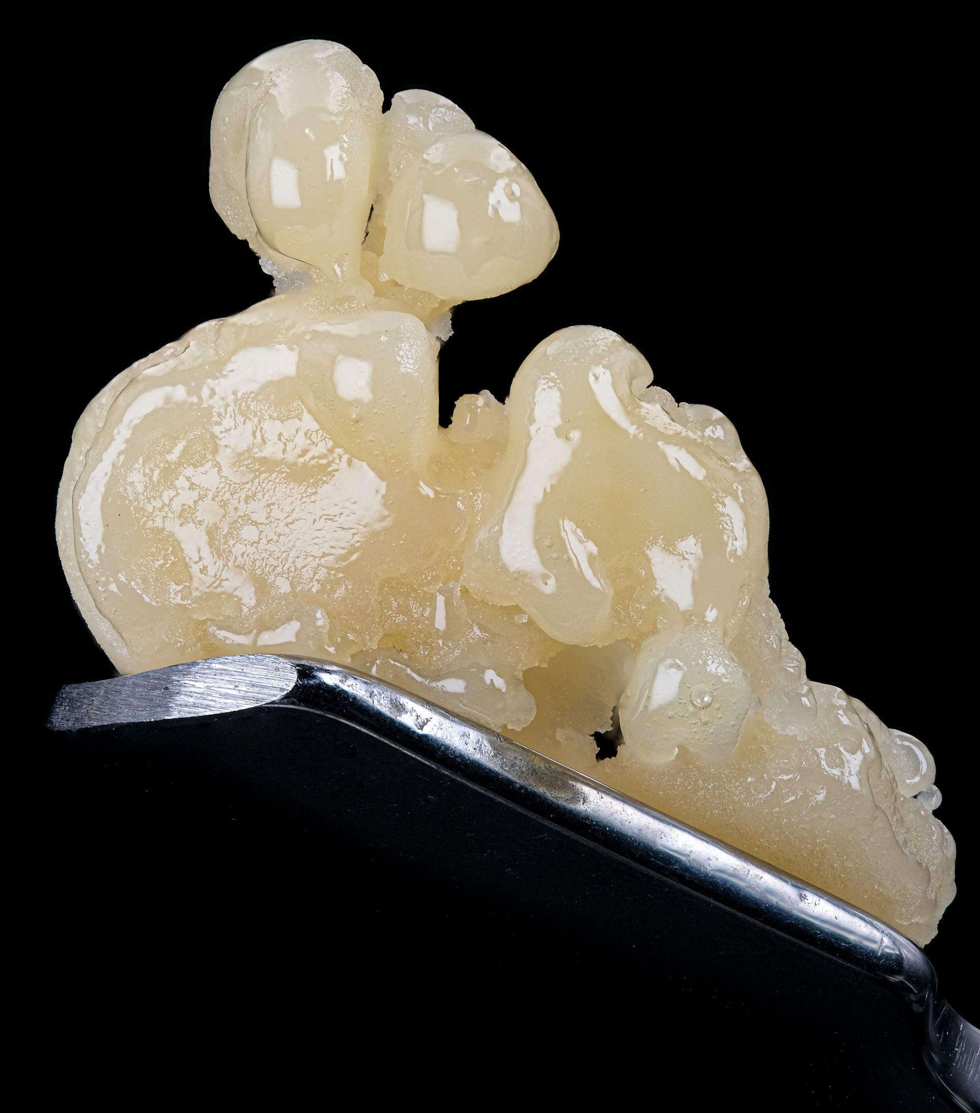 A small, tooth-shaped dental restoration held by a metallic tool against a black background.