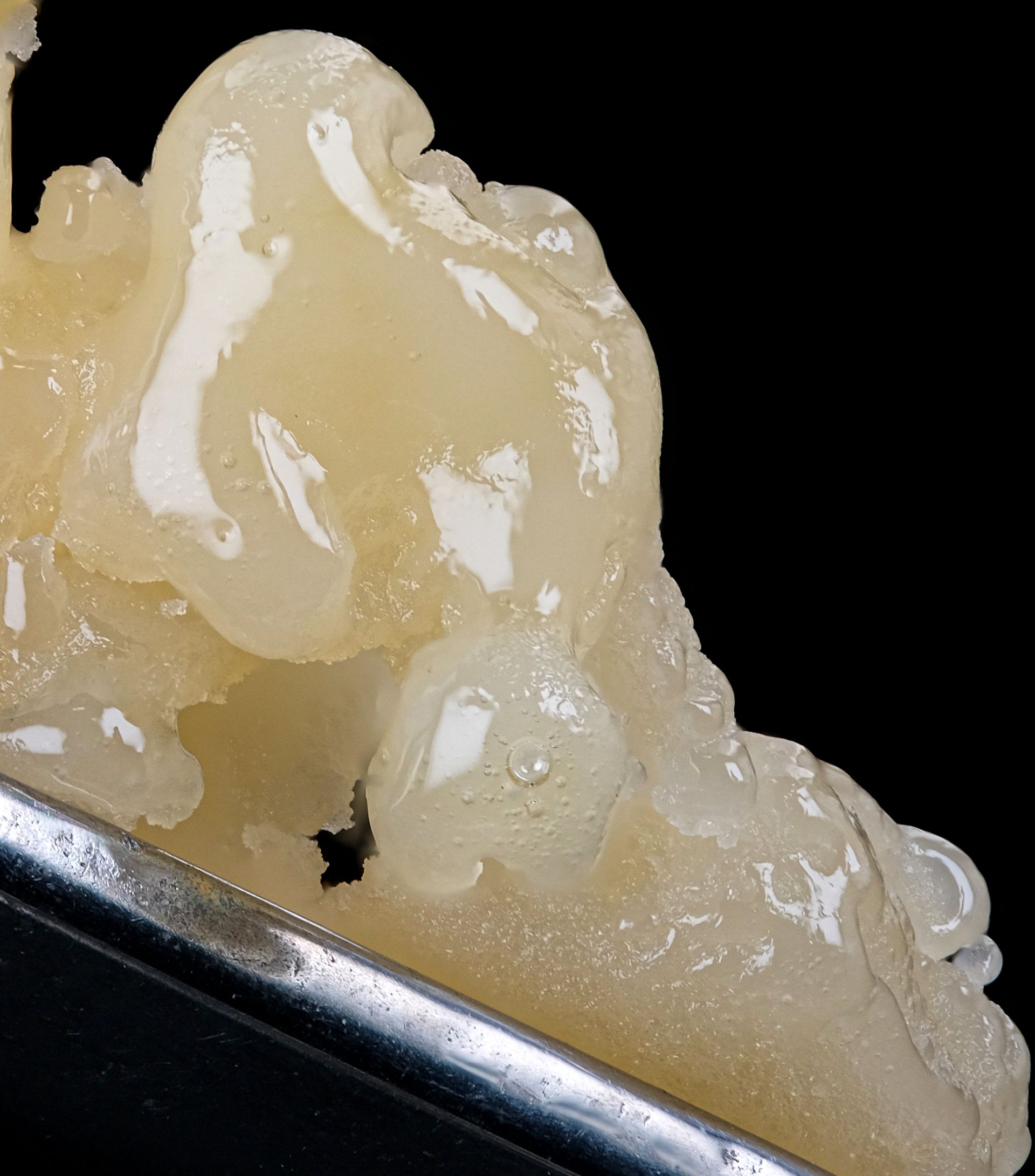 Close-up of a blob of light yellow, translucent material with a shiny, uneven surface.