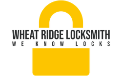 The logo for wheat ridge locksmith is a yellow padlock.