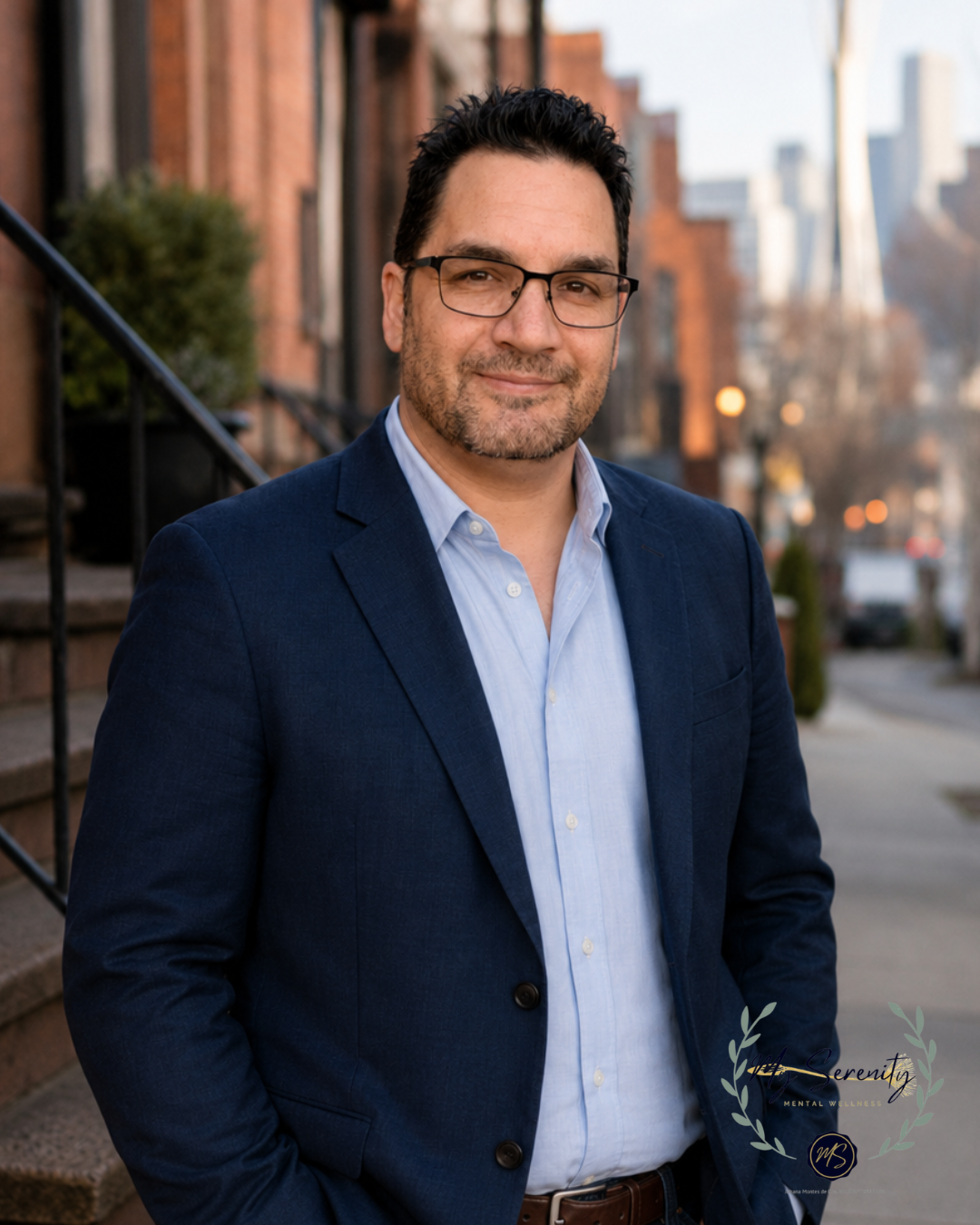Man in navy blazer and glasses standing on a city sidewalk with blurred buildings behind him
