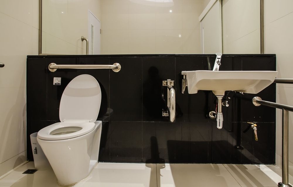 A Bathroom With a Toilet and Handrails — Absoloo Hire Pty Ltd in Wyong, NSW