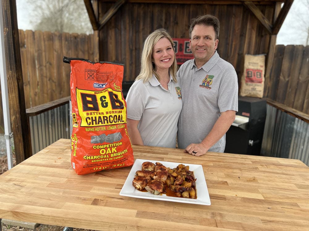 Steve and Amy Tremayne 2 Swine Crew with chicken and a B&B oak briquet bag