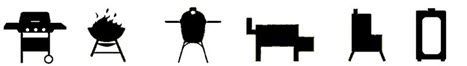 BBQ appliance icons including gas grill, charcoal grill, ceramic grill, pellet grill, smoker, electric smoker for apple wood chips