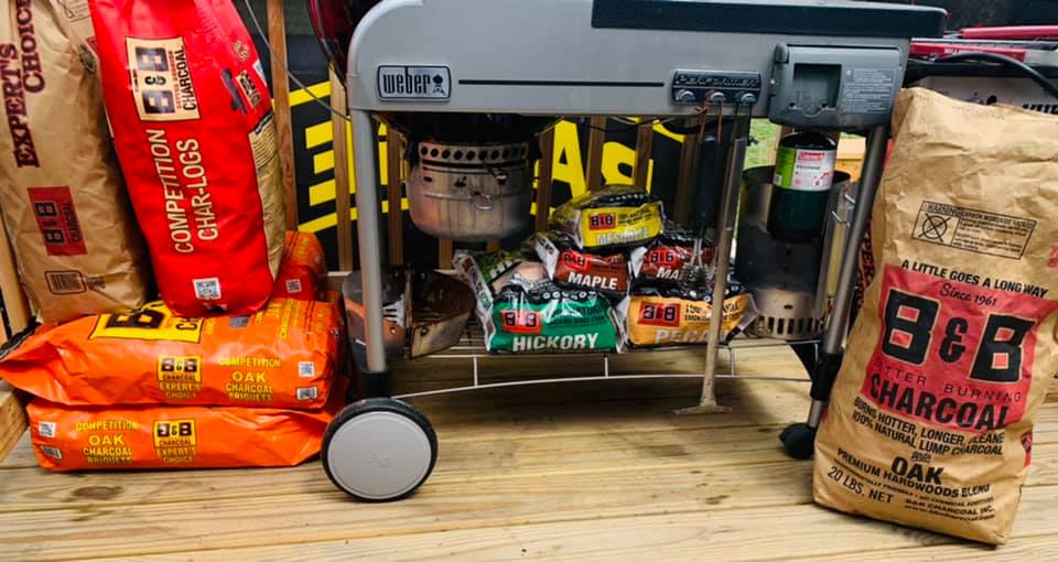 B&B Charcoal, chips and chunks under and around a Weber grill