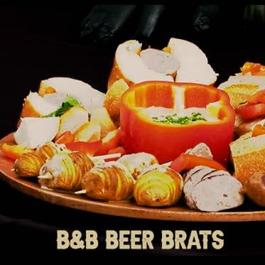 Bratwurst, bread, potatoes and stuffed red bell pepper on a plate with title