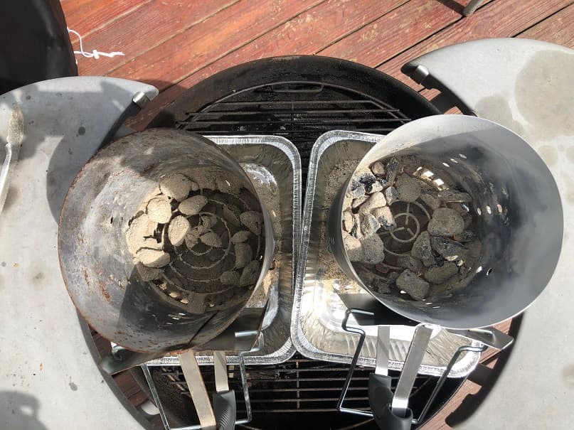 Credit: Extraordinary BBQ Birdseye view of two charcoal chimneys with ashed over charcoal in them