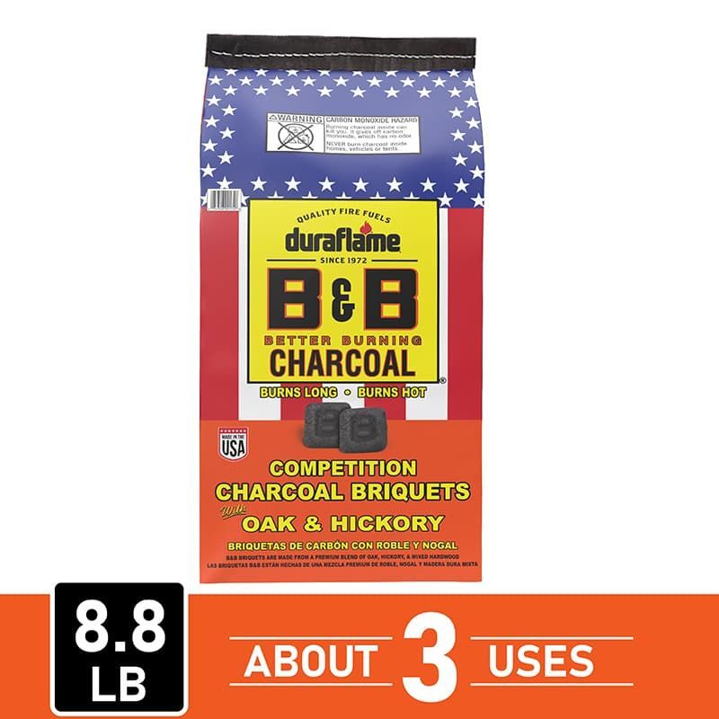 8.8 lb Bag of B&B charcoal competition oak & hickory briquets, with “about 3 uses” label with co branding 